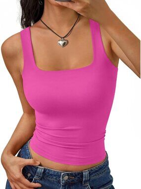 Women's Hot Pink Square Neck Double Lined Lightweight Imported Tank Tops